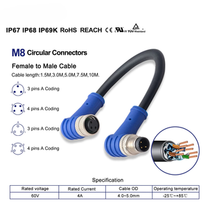 Cable Hembra a Macho M8 IP67 IP68, Cable Impermeable para Aplicaciones de Visión Artificial, Lente de 1.5m, Personalizable - Product Image 1