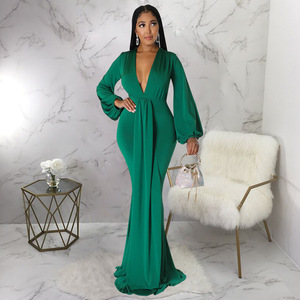 MK10212 signore elegante Maxi abito Sexy sottile profondo scollo a V lunghezza pavimento abito da sera increspato decorazione <span class=keywords><strong>impero</strong></span> per la festa delle donne - Product Image 2