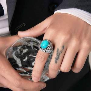 FY Retro Vintage Men <strong>Jewelry</strong> Rings Stainless Steel Amber <strong>Tibetan</strong> <strong>Silver</strong> Oval Turquoise Tiger Eye Natural Stone Finger Band Ring - Product Image 2