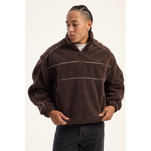 Felpa Oversize da <span class=keywords><strong>Uomo</strong></span> <span class=keywords><strong>con</strong></span> <span class=keywords><strong>Mezza</strong></span> <span class=keywords><strong>Zip</strong></span> e Logo Personalizzato, Pullover in Pile Marrone a Righe, Abbigliamento Casual Streetwear Invernale - Product Image 1