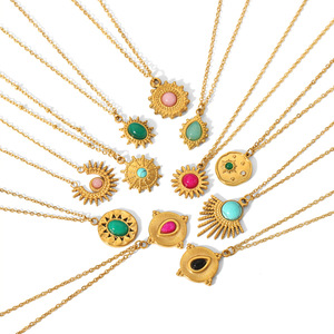 Vintage Style Natural Stone Stainless Steel Necklace For Women 18K Gold Plated <b>Titanium</b> Steel Clavicle <b>Chain</b> Jewelry Geometric - Product Image 3