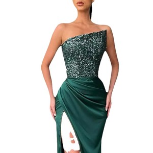 Green <b>Sequined</b> One-Shoulder Asymmetric Evening Gown With High Slit For Dating Elegant Formal Dress - Product Image 5