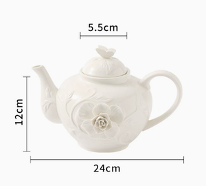 Embossed Hand-sculpted Floral French Ceramic Coffee Cup, Saucer & Teapot <b>Set</b>, Vintage British Afternoon <b>Tea</b> Tableware with Snack - Product Image 6