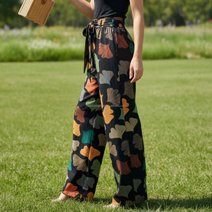 Custom Women's Ginkgo Leaf Print <strong>Trousers</strong> with Tie Waist Wide Leg Bottoms Pants <strong>Ladies</strong> - Product Image 2