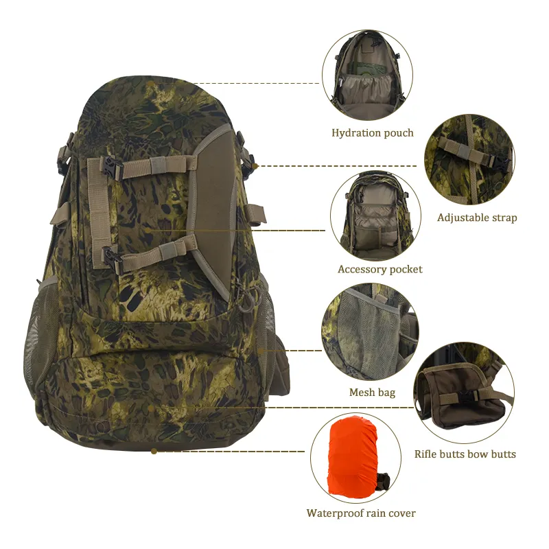 HTO tas punggung polos poliester 600D TPU, ransel bingkai Berburu gigi buta camo tahan air