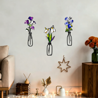 Buntglas-Metall-Wildblumen-Vase Wandbehang Ausgeschnittene Blumen-Wandkunst Ornament-Set für Innenräume Wohnzimmer Heim-Wanddekoration Geschenk
