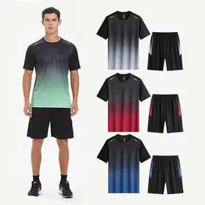Custom Logo Sportswear Summer Ice Silk Gradient Set Men's Short Sleeved T Shirts 2 Piece Running Shorts Suit