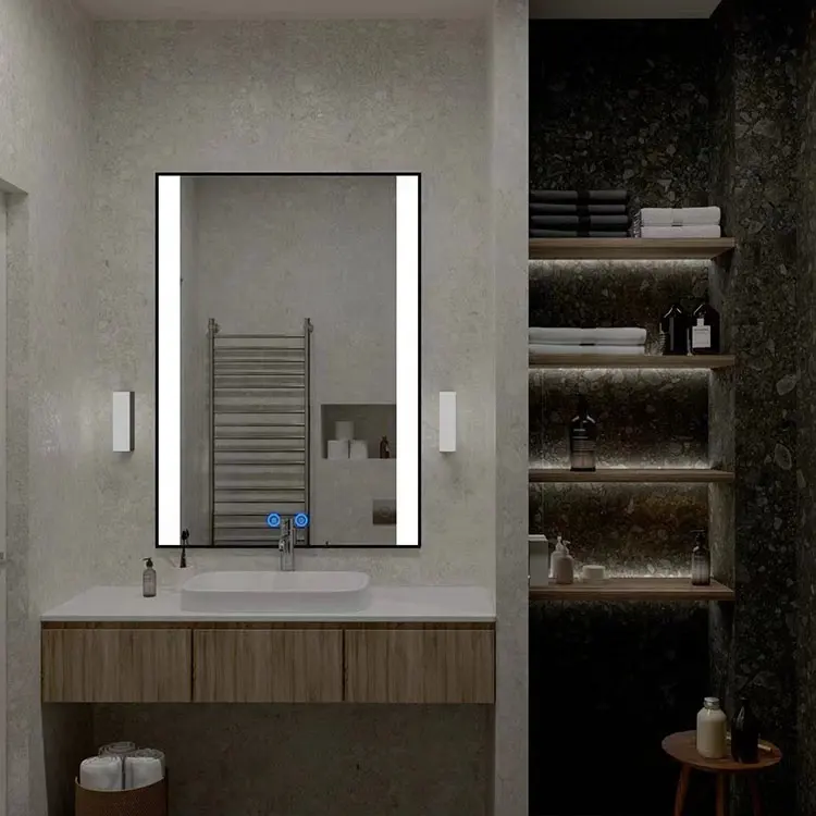 호텔 벽걸이 형 직사각형 레이저 조각 원 버튼 터치 스위치 LED 욕실 스마트 거울