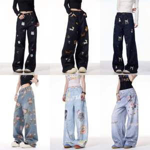 Nuovi <span class=keywords><strong>Jeans</strong></span> Larghi da Donna con Bottoni Elastici a Vita Alta, Stampa e Perforazioni, Traspiranti, Casual da Strada, Pantaloni da Lavoro - Product Image 3