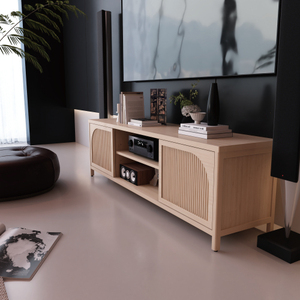 ตู้วางทีวีและตู้เก็บของดีไซน์โมเดิร์นสไตล์กลางศตวรรษ พร้อมชั้นวางโลหะและพื้นที่จัดเก็บสำหรับห้องนั่งเล่น เฟอร์นิเจอร์ไม้ไผ่ทรงยาวเตี้ย - Product Image 3
