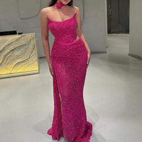Vestido de Noche Brillante de Sirena Mily ML027 con Cuello Barco y Hombros Descubiertos, Lentejuelas en la Parte Delantera y Abertura Alta para Bodas de Verano