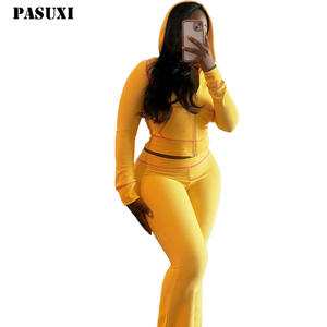 PASUXI personalizado sólido conjunto de mujer con capucha Tops pantalones acampanados trajes 2025 otoño Casual Street Baddie conjuntos de 2 piezas - Product Image 1
