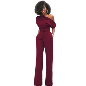 Sexy un hombro sólido Casual mamelucos mujer <span class=keywords><strong>mono</strong></span> verano sin mangas cinturón pierna ancha elegante señora nuevo tamaño Bodycon monos - Product Image 6