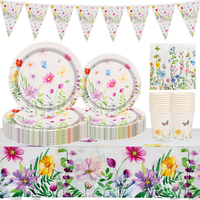 Articles de fête d'anniversaire à thème floral sauvage, décorations de fête à thème fleurs de printemps, ensemble de vaisselle, assiettes en papier, gobelets, serviettes, nappe