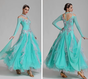Nuovissimo abito da <span class=keywords><strong>ballo</strong></span> valzer a maniche lunghe di alta qualità da <span class=keywords><strong>ballo</strong></span> moderno danza latina grazioso gonna fluente da donna - Product Image 6