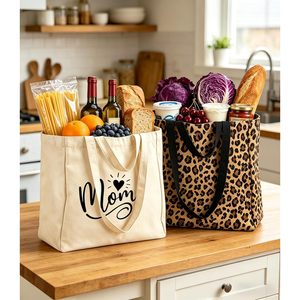 <b>Extra</b> <b>Large</b> Canvas Grocery Bag Leopard <b>Print</b> Foldable Tote With 6 Pockets For Shopping - Product Image 3