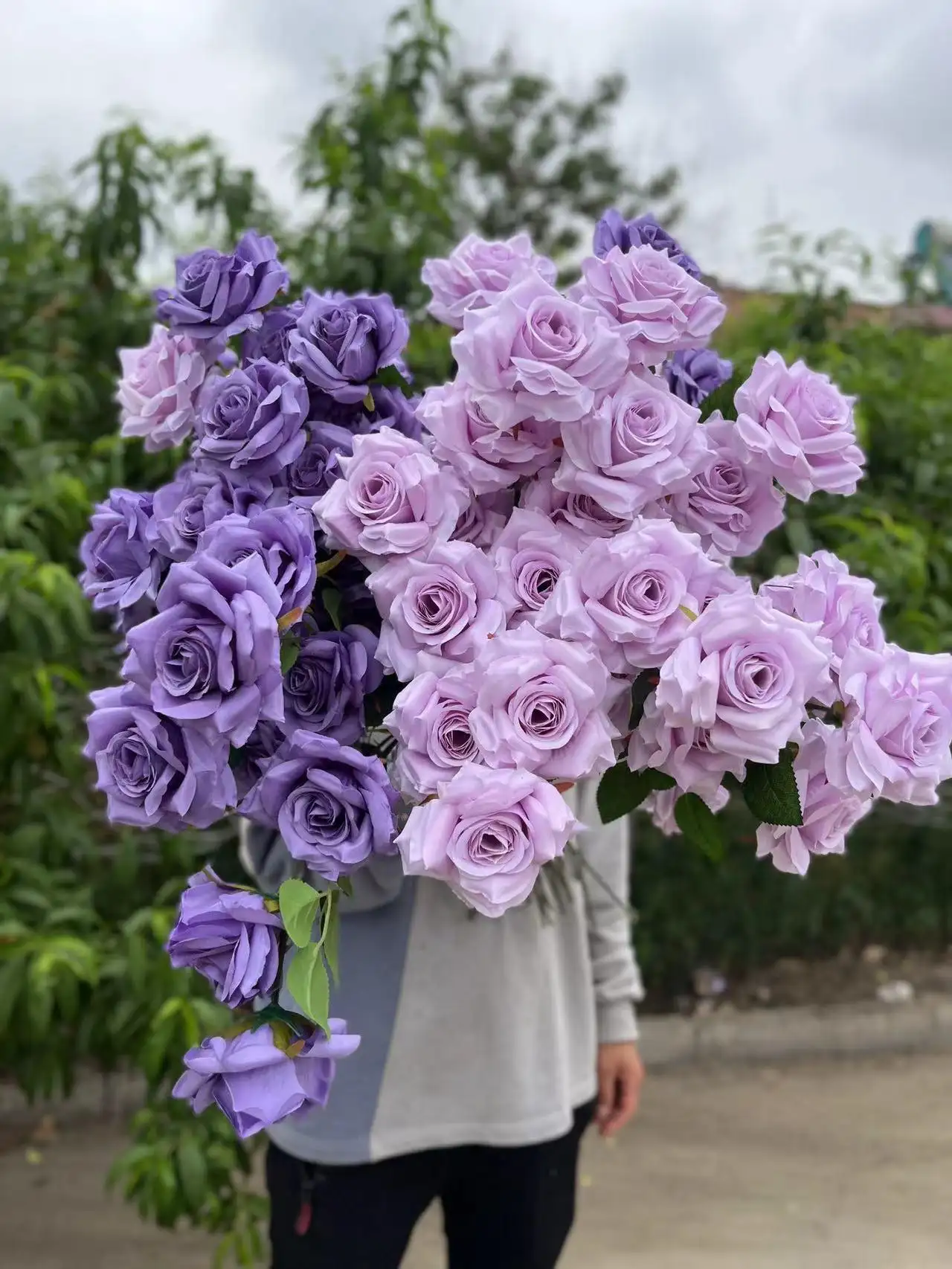 25.5 "inç 65cm düğün dekorasyon güller 3 kafaları ipek düğün gül yapay çiçek mor gül kaynaklanıyor