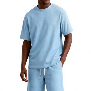 Men Solid Light Blue Ribbed Crew Neck T-Shirt Shorts Set Casual Knit Summer Outfit Breathable Waffle Texture Polyester/Cotton - Product Image 1