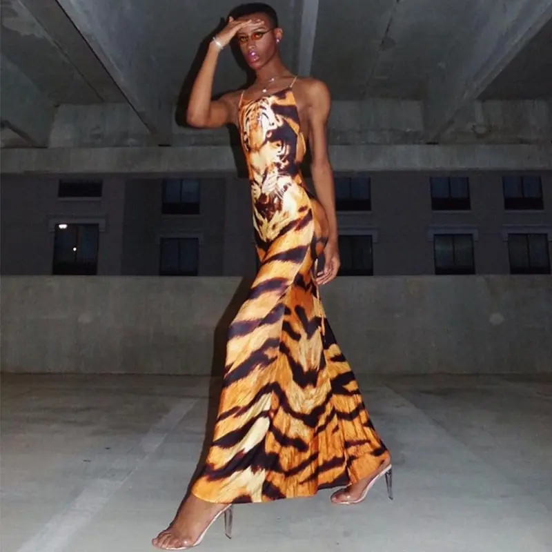 King Mcgreen star Summer Women Sleeveless dresses Tiger printed backless slim dress Casual Beach Vacation street clubwear