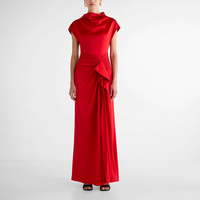 Gaun Maxi Formal Wanita Merah dengan Kerah Draped, Lengan Pendek, Pinggang Berkerut, dan Bagian Depan Draped untuk Acara Spesial