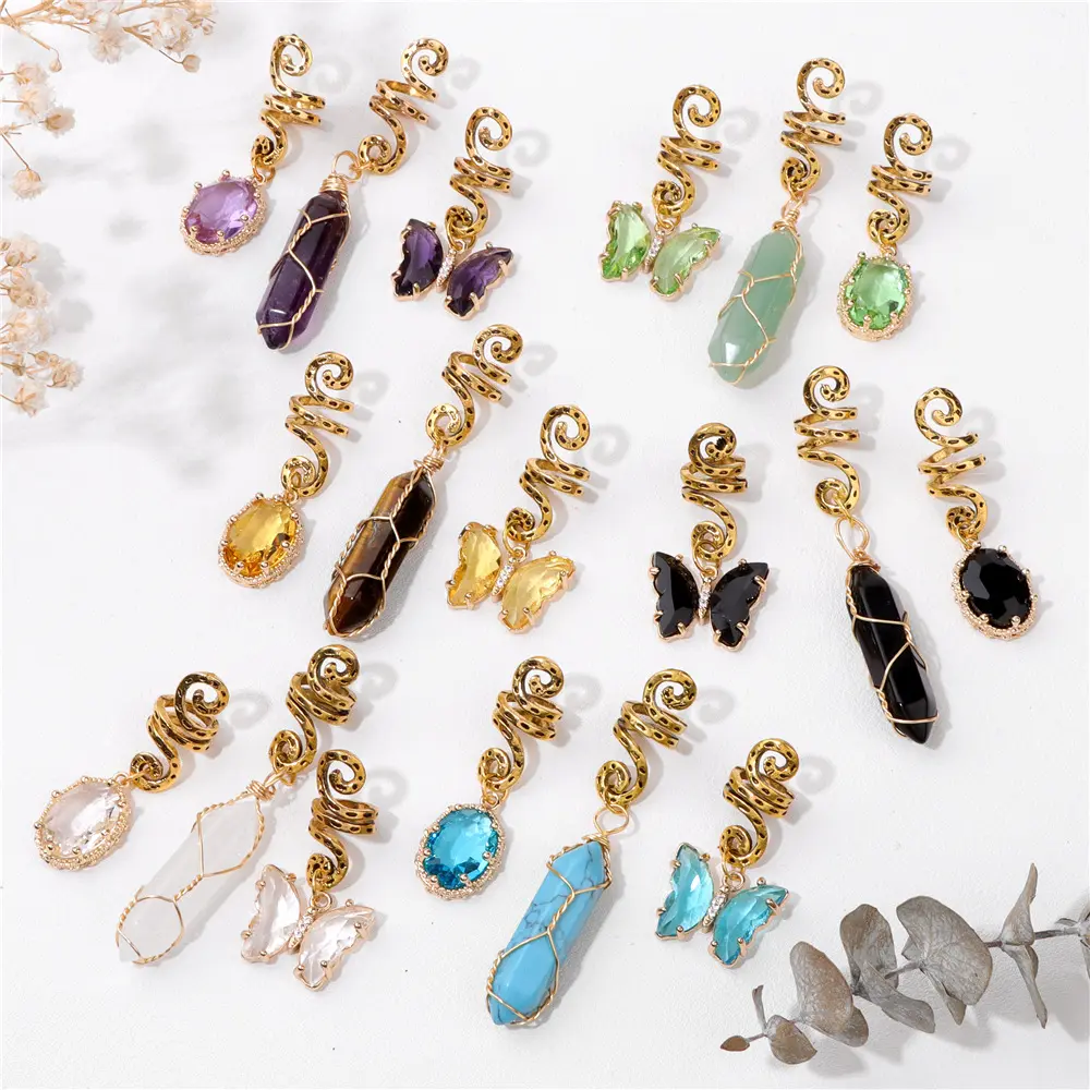 Trendy Glass Butterfly Natural Stone Pendant Hair Coil Adjustable Dreadlock Cuffs Hair Accessories Sets