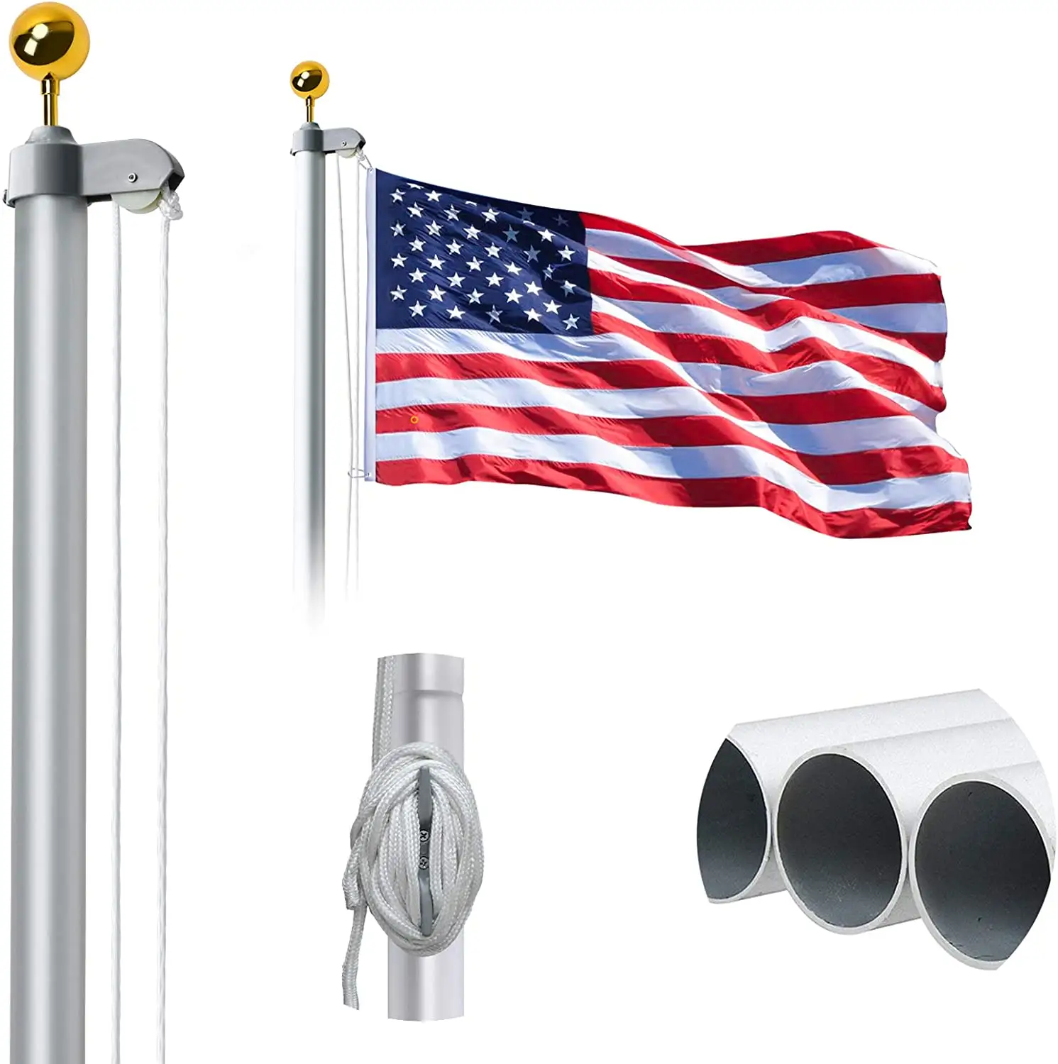 25FT Sectional Flag Pole Kit  Extra Thick Heavy Duty Aluminum Outdoor In ground Flagpole