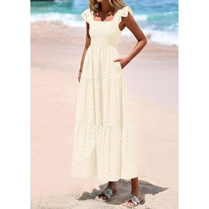 Vestido largo de verano para mujer con cuello cuadrado, manga casquillo, diseño de ojales, fruncido, con volantes en capas, corte en A, fluido y con bolsillos - Product Image 3