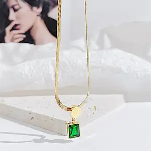 Green Gemstone Rectangle zircon Pendant 18k Gold Plated Stainless Steel Herringbone Snake Chain Choker Necklace Women