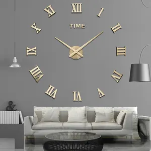 Orologio da parete muto grande senza cornice per soggiorno, adesivo 3D fai da te, numeri romani, decorativo per la casa