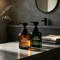Bouteille en verre vide de 350 ml (12 oz) ronde, couleur ambre verte, pour savon liquide, shampoing, avec pompe à lotion en plastique, pour usage domestique ou hôtelier