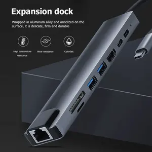 8-in-1 Type-C Hub USB3.0 To HDTV Multiport Dongle Adapter With USB Docking Station RJ45 PD And 4K HDTV Support