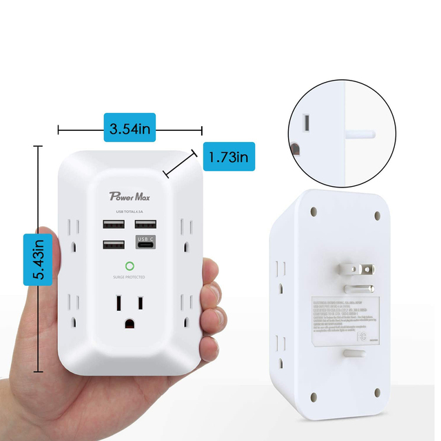 Addtam USA Surge Guard Wall 5 Outlet Extender With 4 USB Charging Ports 1 USB C Outlet 3 Sided 1800J Power Strip Multi Plug