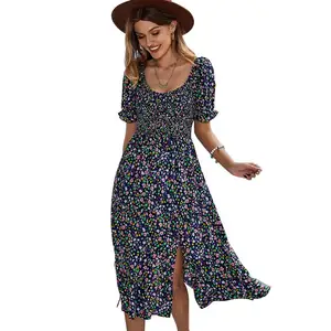 Fashion flower printed midi women's dresses custom oem/odm split short sleeve dresses green pink blue