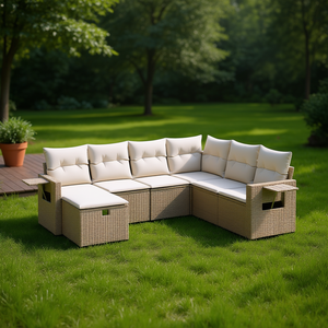 Modular Garden <b>Sofa</b> Set Beige Poly <b>Rattan</b> Steel Frame 6 Seater Outdoor Furniture Stylish Garden Set - Product Image 2