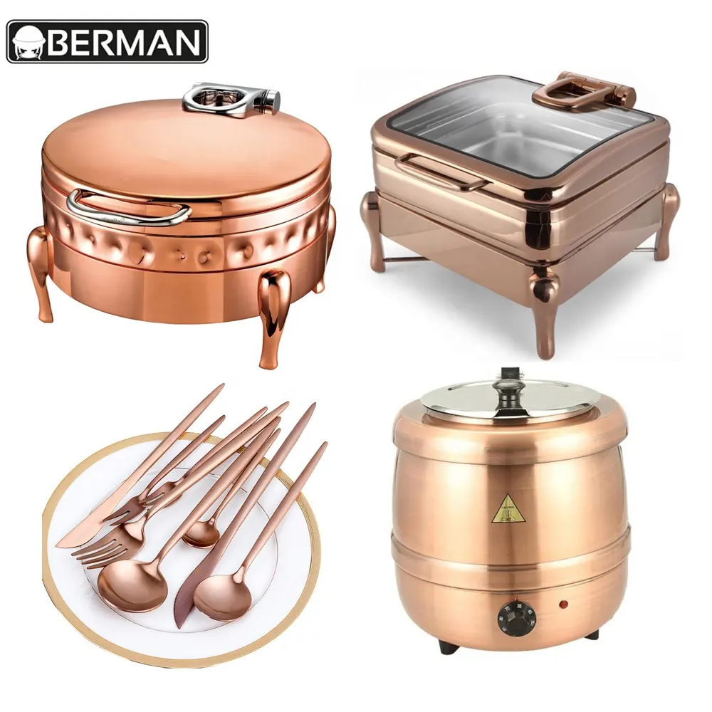 Berman utensils catering equipment stainless steel chef in dish indian copper rose gold chafing dishes rechaud buffet chafer