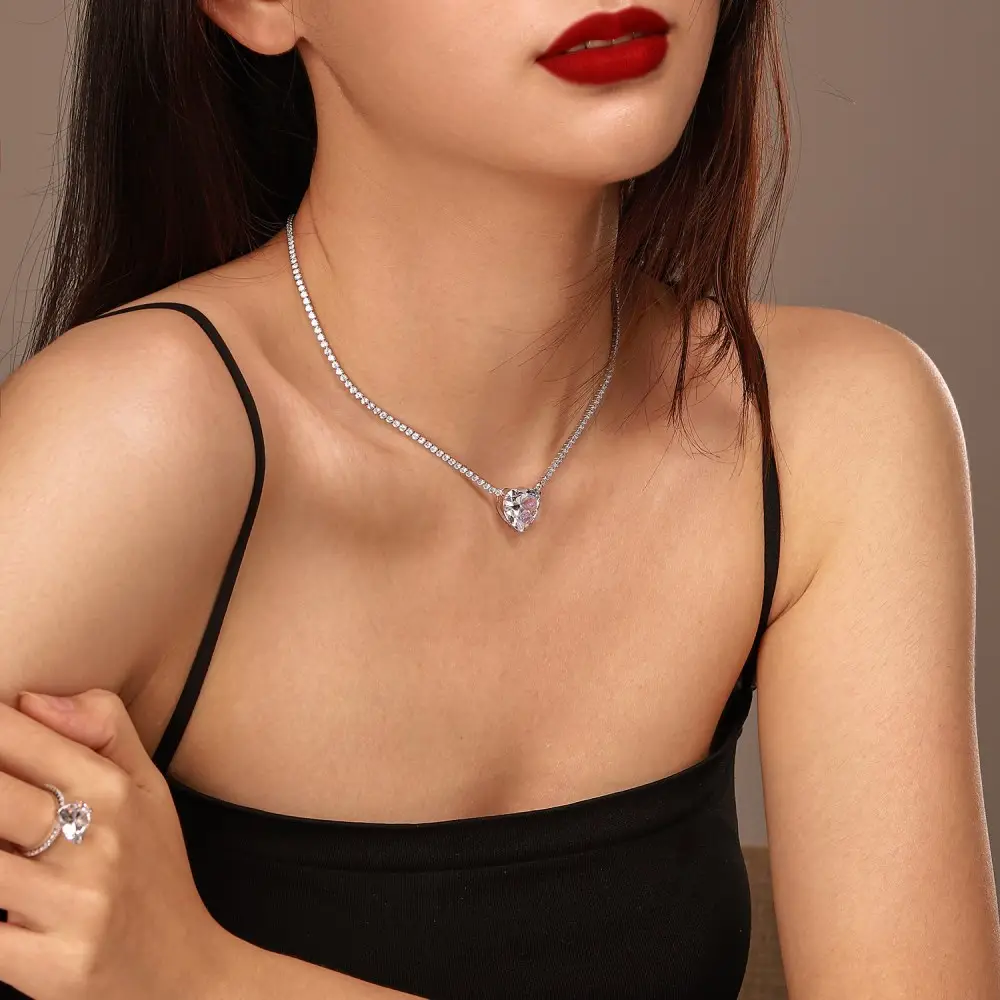 Dylam No Moq In Stock 5A CZ Zircon 2022 Pendant Personalized Tennis Women Luxury Custom Heart 925 Silver Jewelry Necklace