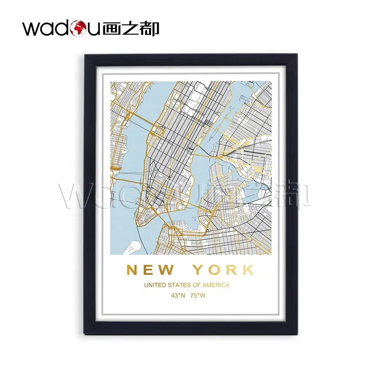 뉴욕 사용자 정의 인쇄 벽 그림 골드 유리 호일 패션 유명 도시지도 새로운 프레임 아트 블랙 프레임 캔버스 FA192215 Wadou