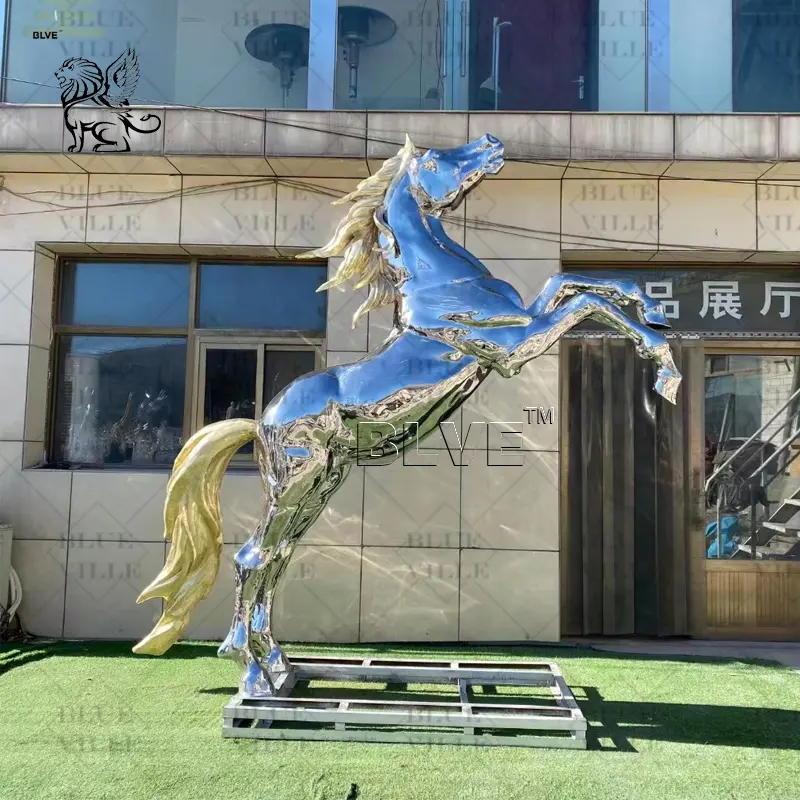 BLVE Outdoor Large Metal Animal Horse Statue Stainless Steel Mirror Polished Golden Mane Tail Jumping Horse Sculpture