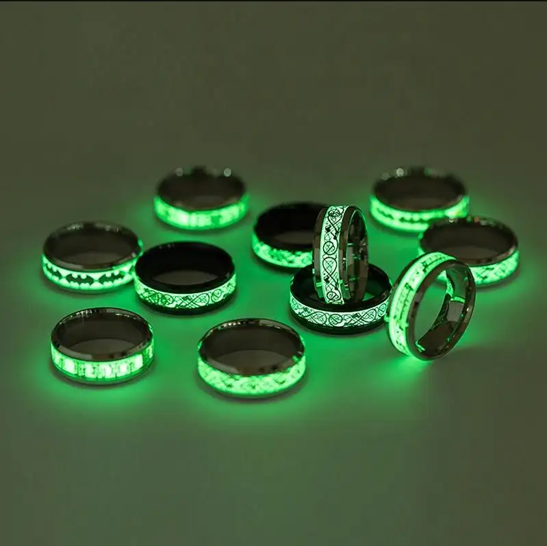 Vintage Luminous Dragon Texture Men's Silver Ring Night Glow Stainless Steel Men's Ring