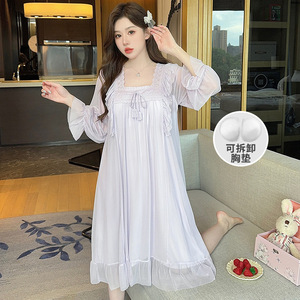 Pyjama chemise de nuit respirant longueur genou 2025 – Collection Printemps-Automne, couleur unie, col carré, style princesse, élastique, pour la maison - Product Image 6