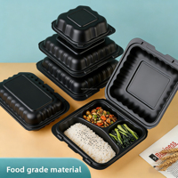 Boîte alimentaire jetable noire à 3 compartiments de 9x9 pouces, avec couvercle à charnière, compatible micro-ondes, pour la préparation de repas en restaurant