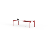 Table de réunion moderne en acier rouge avec prises intégrées, design durable et écologique pour salle de réunion d'hôtel