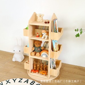 Childrens Rotating Bookshelf <b>Solid</b> <b>Wood</b> Multi Tier Floor Standing Storage Cabinet For Kids Room Toy And Book Organizer - Product Image 2