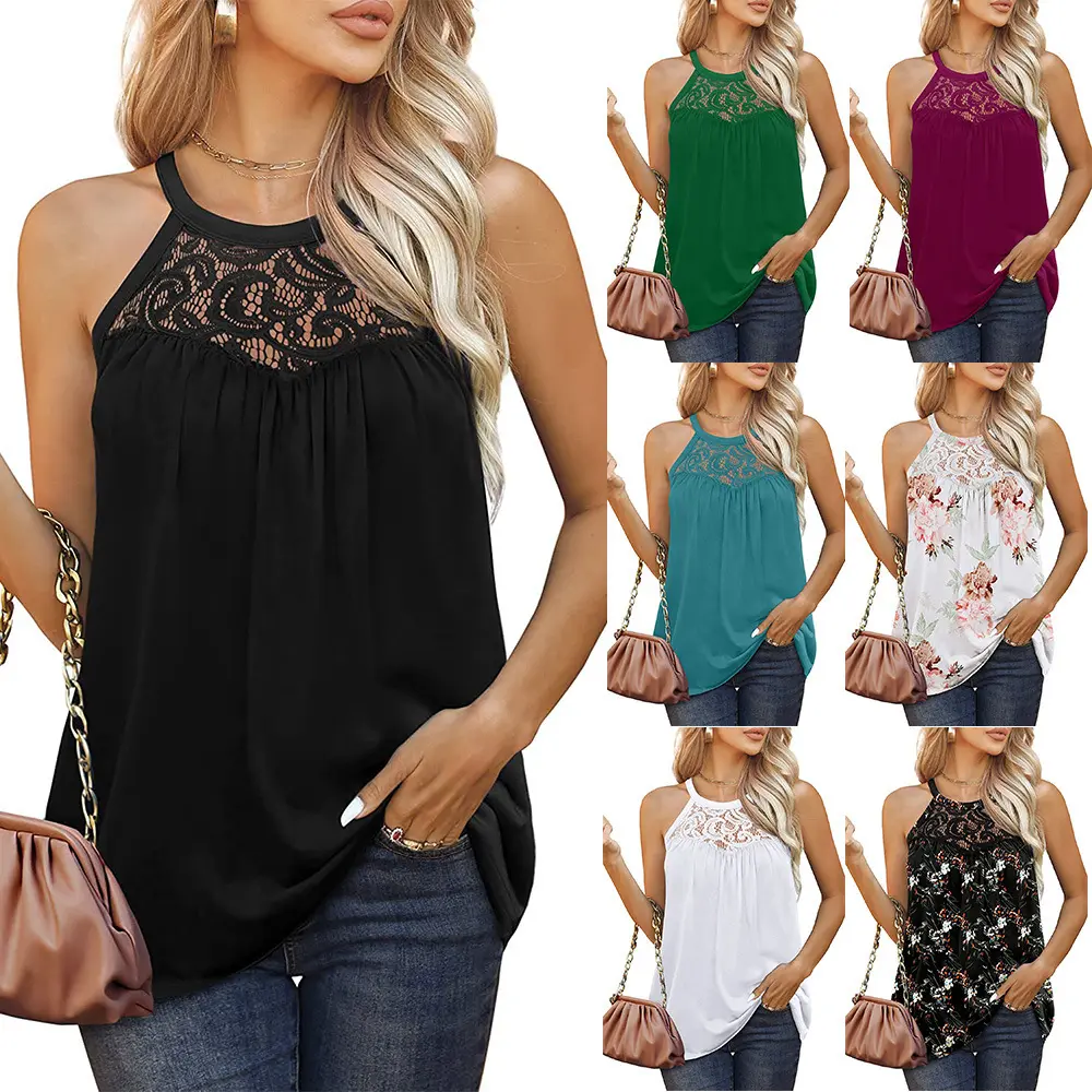 2023 Newest Lace Flower Cute Hollow Out Solid Women O Neck Tank Top