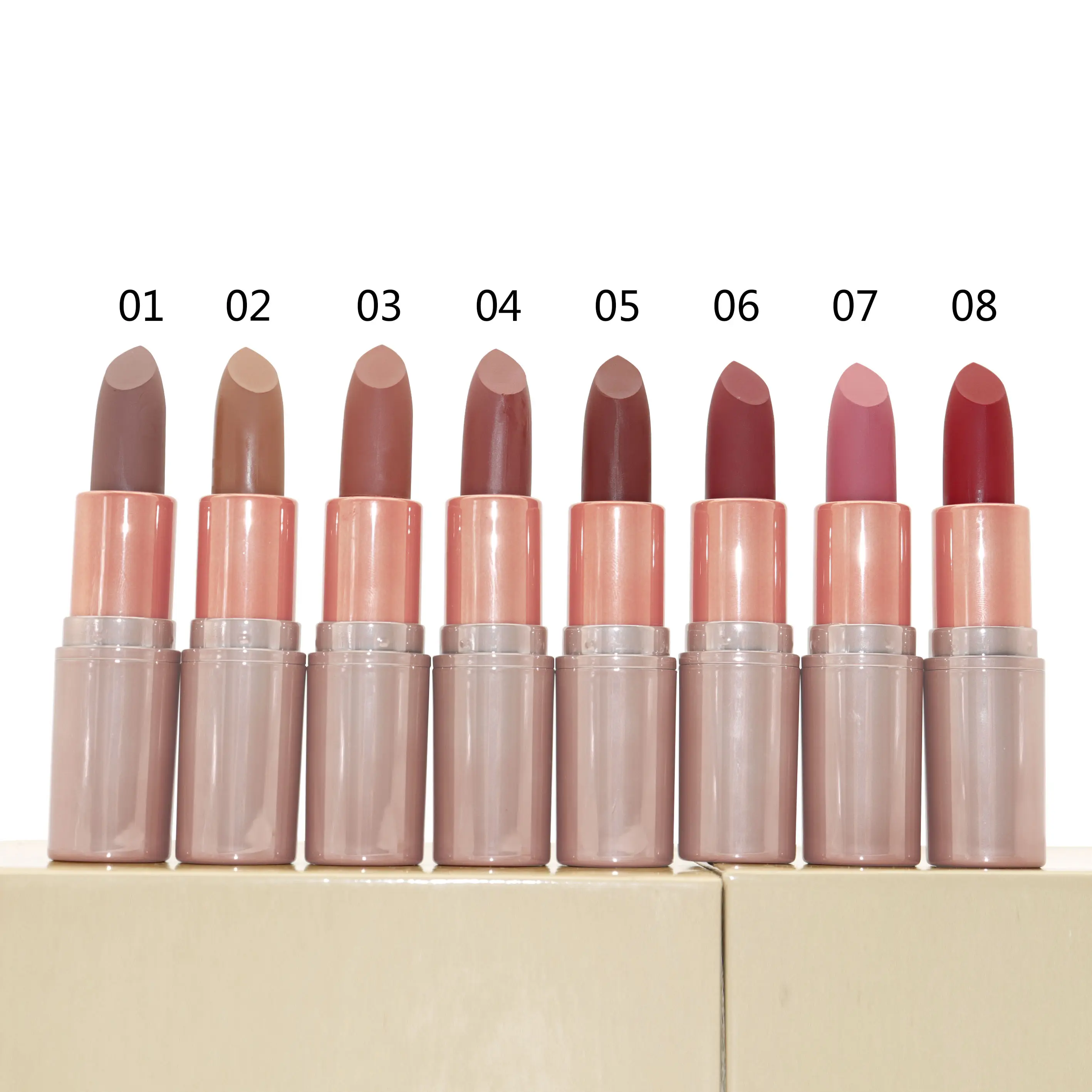 LOW MOQ Private Label Vegan Cosmetic Lip Stick Long Lasting Kiss Proof Rose Gold Matte Lipstick Set for Girls
