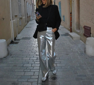 <span class=keywords><strong>Pantalon</strong></span> décontracté en <span class=keywords><strong>cuir</strong></span> PU de couleur argentée à <span class=keywords><strong>coupe</strong></span> <span class=keywords><strong>droite</strong></span>, brillant métallique élastique, taille haute, face plate, revêtement non tissé. - Product Image 6