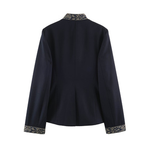 Fabricante de Chaquetas con Cuello Mao Personalizadas OEM ODM, Etiqueta Privada, Chaqueta Entallada con Adornos de Brocado para <span class=keywords><strong>Mujer</strong></span>, Color Azul Marino, Otoño Invierno, Venta al Por Mayor - Product Image 2