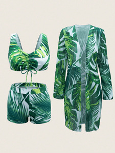 STOCK 3Colors Print Bandeau Top <strong>Boyleg</strong> Short <strong>Swimsuit</strong> and Kimono Set Trend <strong>Women</strong> 3Pieces Swimwear Long Sleeve Cover up S-XXL - Product Image 4