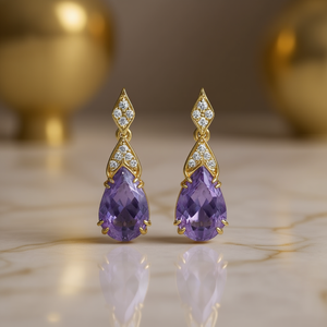 Orecchini E1924 con Diamanti Viola in Oro Massiccio 18K, Ametista Taglio a Pera, Gioielli Classici da Donna per Feste - Product Image 2
