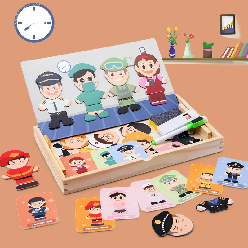 Wooden magnetic characters career cognition change clothes board game children early education creative jigsaw puzzle board toys